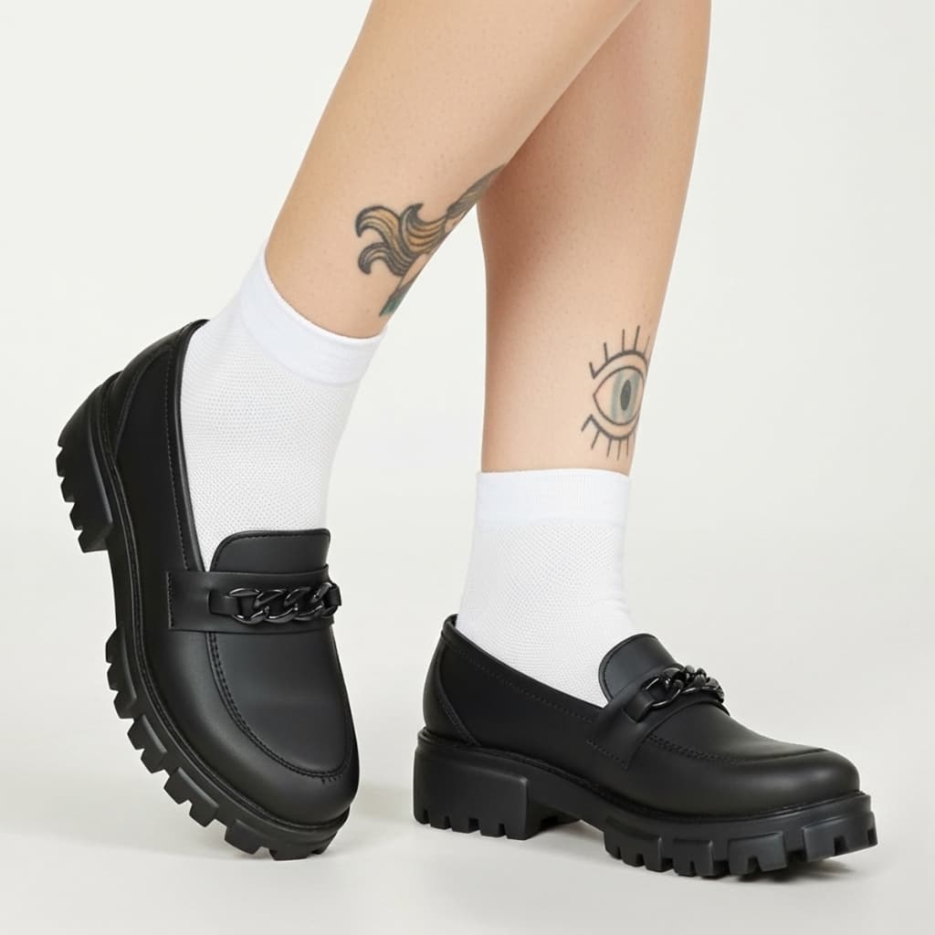 Mocassim Slip-on Tratorado Feminino Preto Sola Alta Couro Sintético Premium Estiloso Confortável