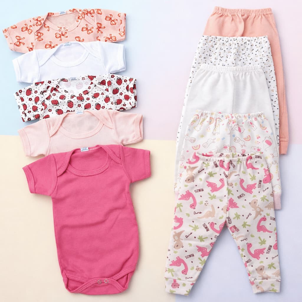 kit 10 peças body e calça menina enxoval bebê manga curta