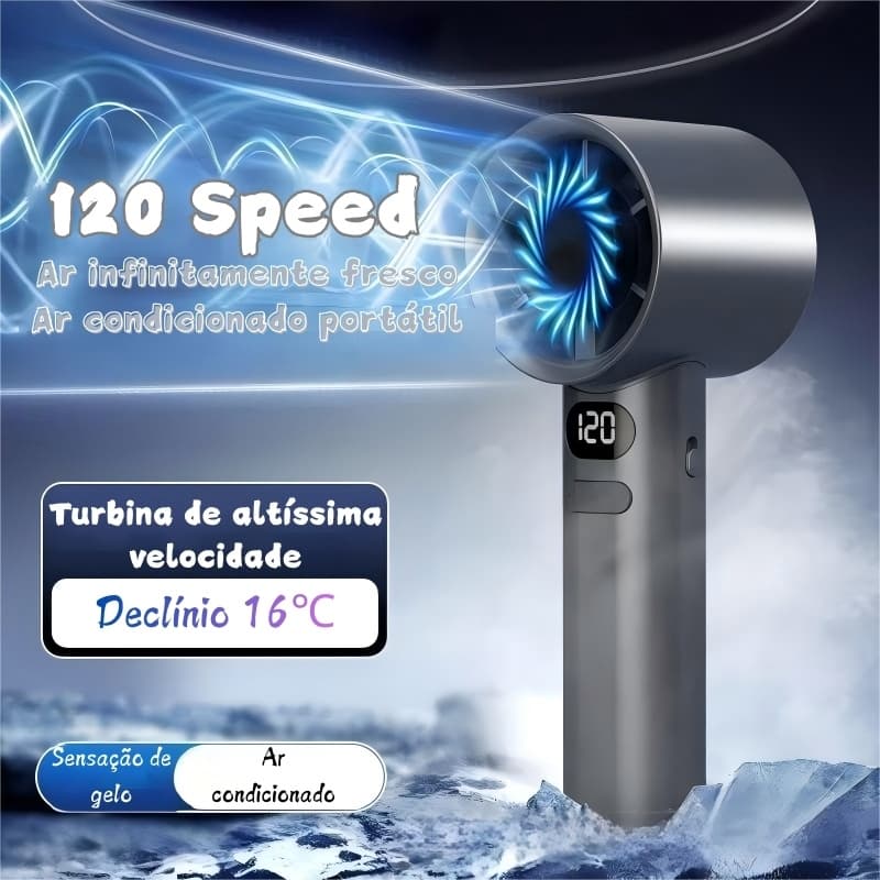 Ventilador portátil turbo recarregável via USB – Mini ventilador ajustável com 120 velocidades, visor LED e modos