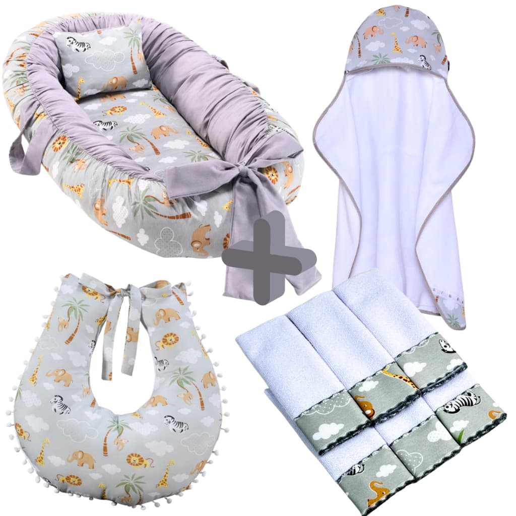 Kit Toalha de Banho Bebe Forrada + Ninho Redutor de Berço + 6 Toalha de Ombro + Almofada Amamentação