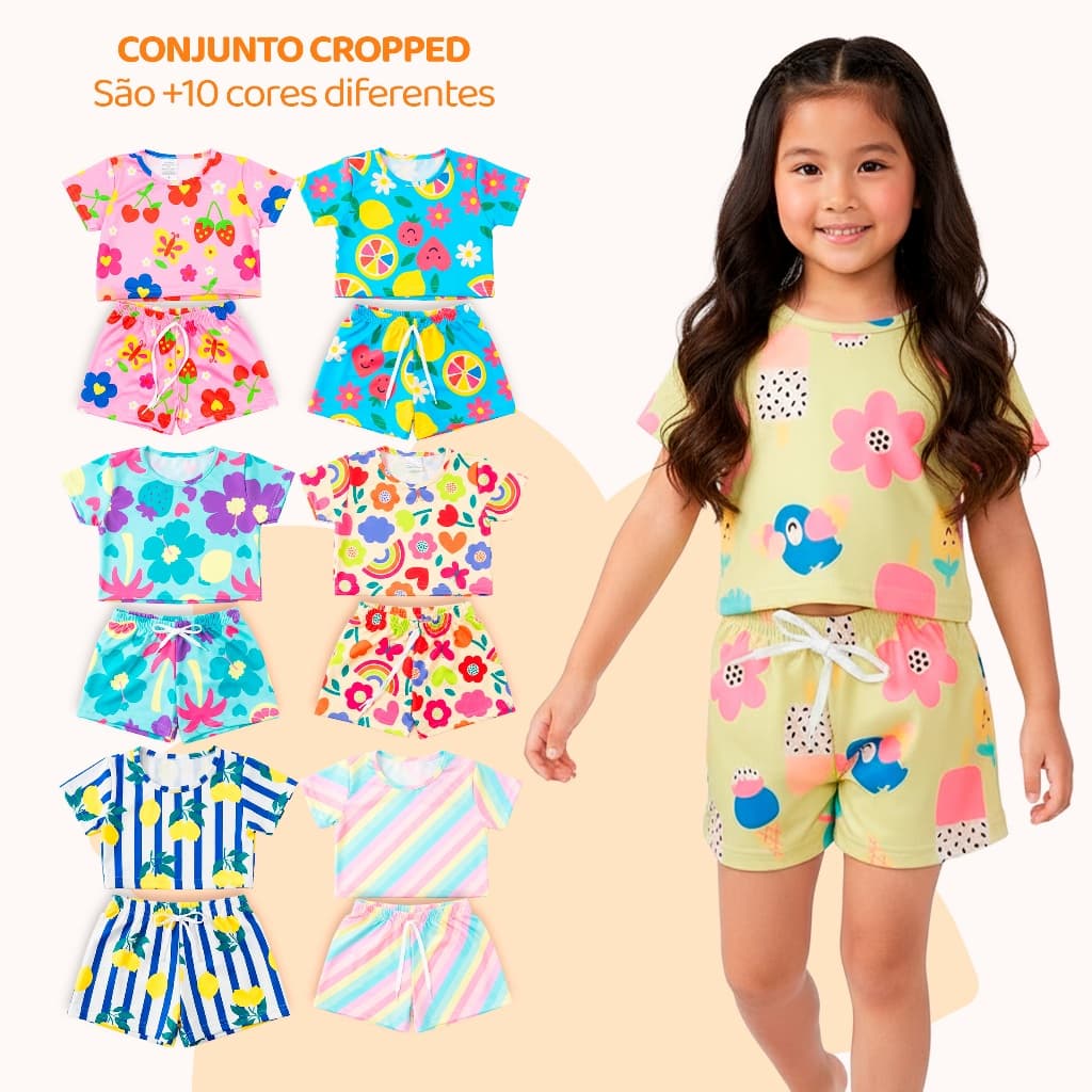 Kit 6 Peças de Conjunto Cropped Infantil Menina Moda Praia Verão Roupa Infantil Feminina de Calor Conjunto Verão Menina