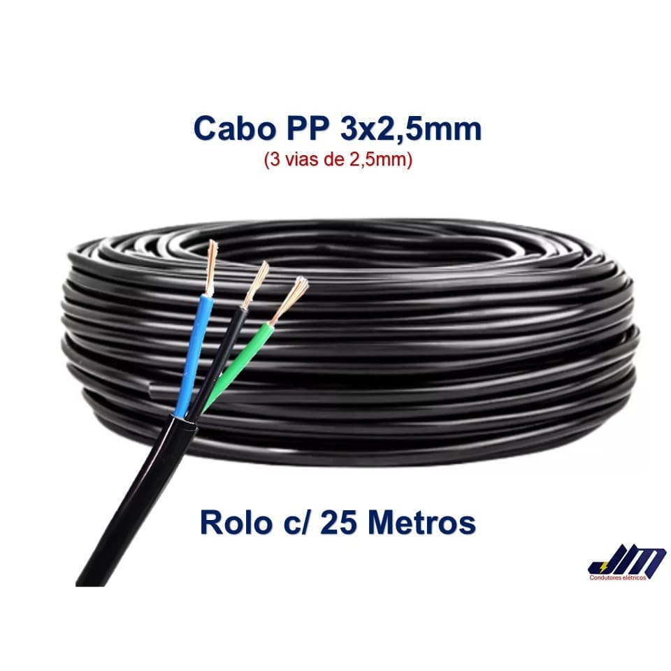 Cabo PP 3x2,5mm (3 Vias) Rolo Com 25 Metros- ideal Para Extensões Elétricas