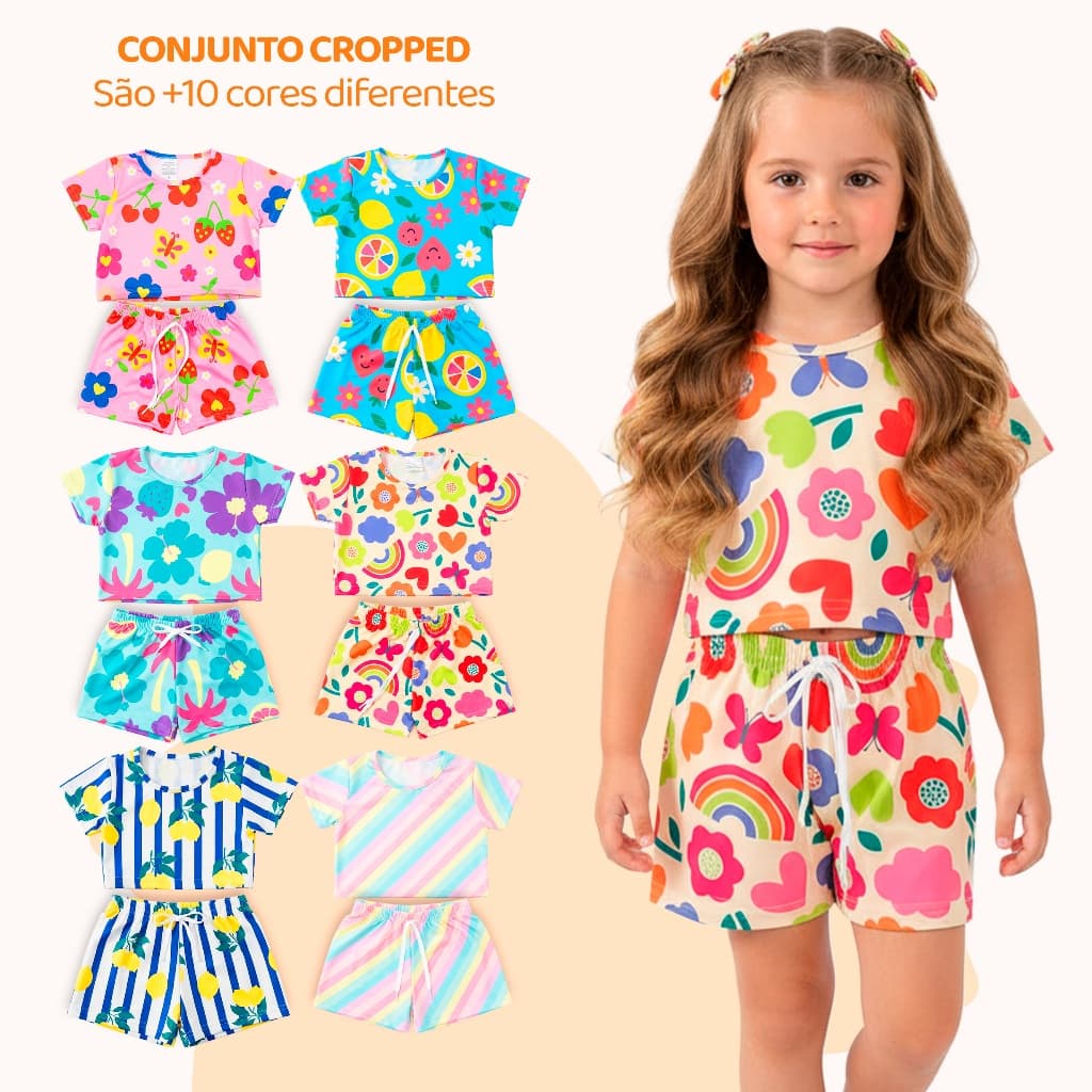 Kit 4 Peças de Conjunto Cropped Infantil Menina Moda Praia Verão Roupa Infantil Feminina de Calor Conjunto Verão Menina