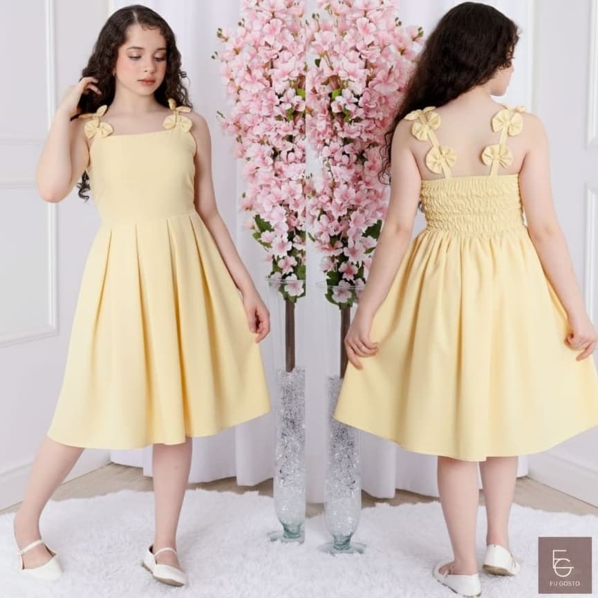 Vestido infantil midi rodado detalhes de laços alças lastex costas confortável festa casual