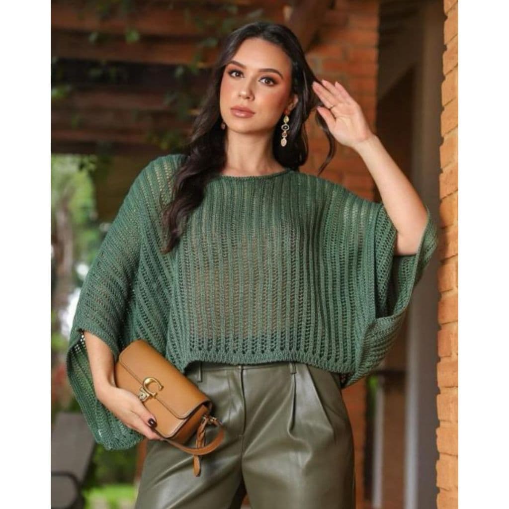 Blusa Capa Feminina Tricô Manga Longa Morcego Poncho Semi-Transparente Elegante Tricot Moda Inverno