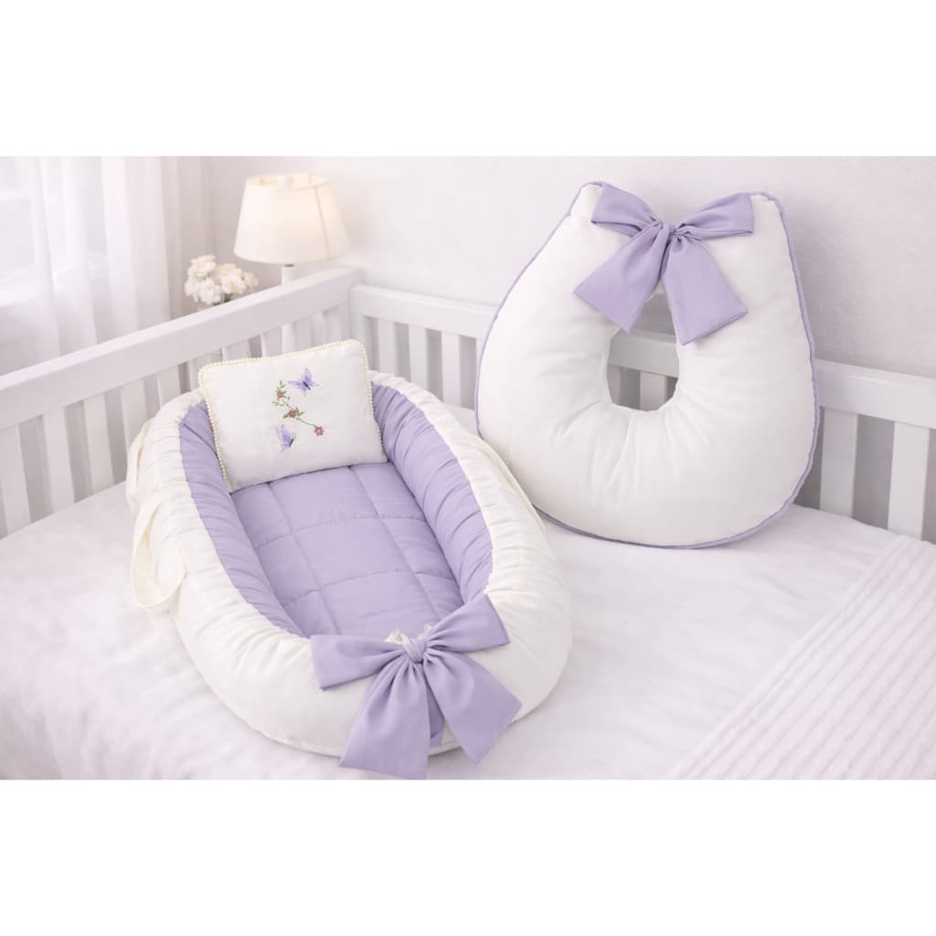 Kit Ninho Redutor + Almofada Amamentação Bordado Borboleta | Enxoval Menina Menino Bebê Delicado