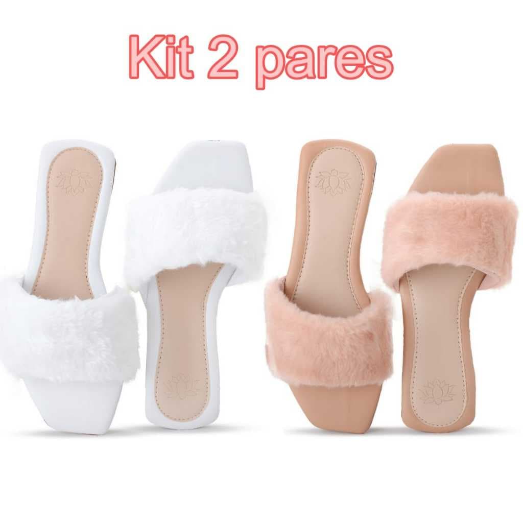 Kit 2 Pares Sandalia Feminina Rasteira Com Pelos Noiva Pelucia Chinelo Pantufa Madrinha