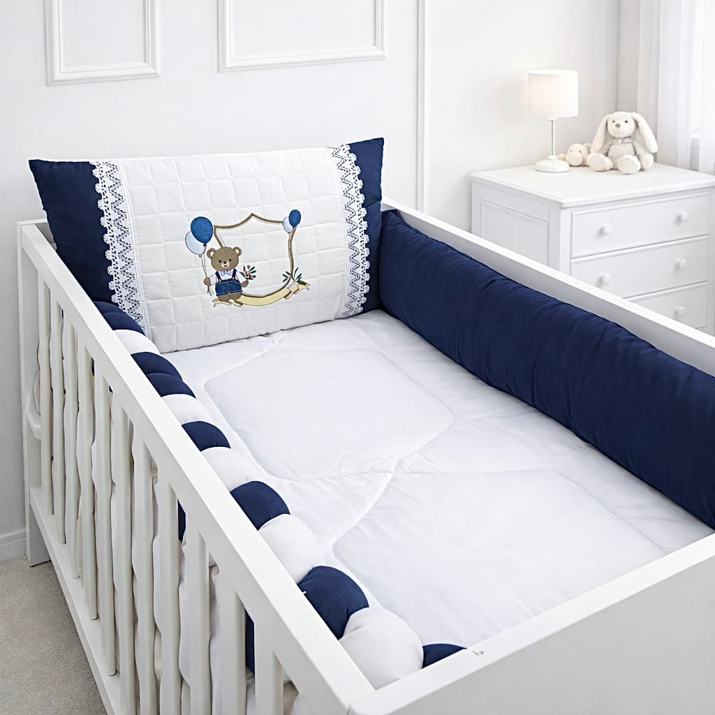 Kit Berço Menino Completo Com Trança - Azul Marinho, Verde e Azul Claro, Bege - 100% 400 Fios - Kit Clean Afeto