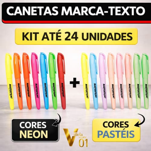 KITS ATÉ 24 CANETAS MARCA TEXTO NEON PASTÉIS ESCRITÓRIO ESCOLAR AULAS MASTERPRINT PAPELARIA