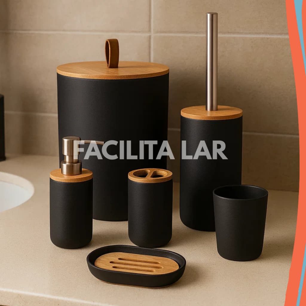 Conjunto para Banheiro 6 Peças em Bambu e Plástico PP – Elegância e Organização