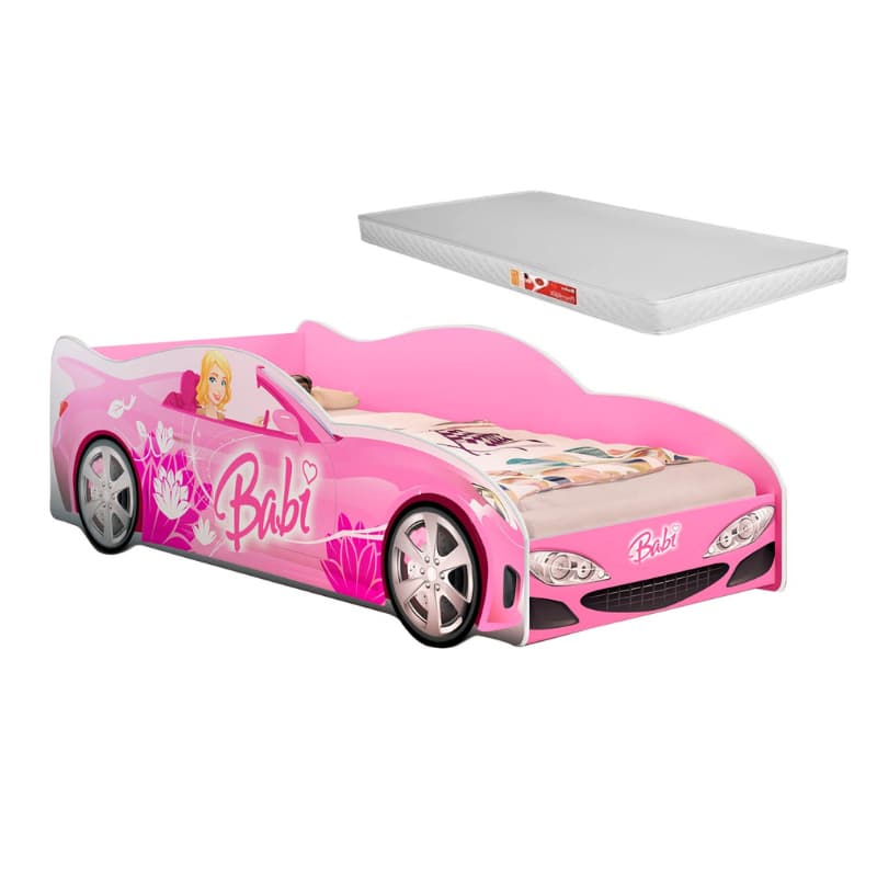 Mini Cama Carro Infantil Feminina Menina em MDF Adesivada com Personagens Divertidos Colchão Incluso – AV