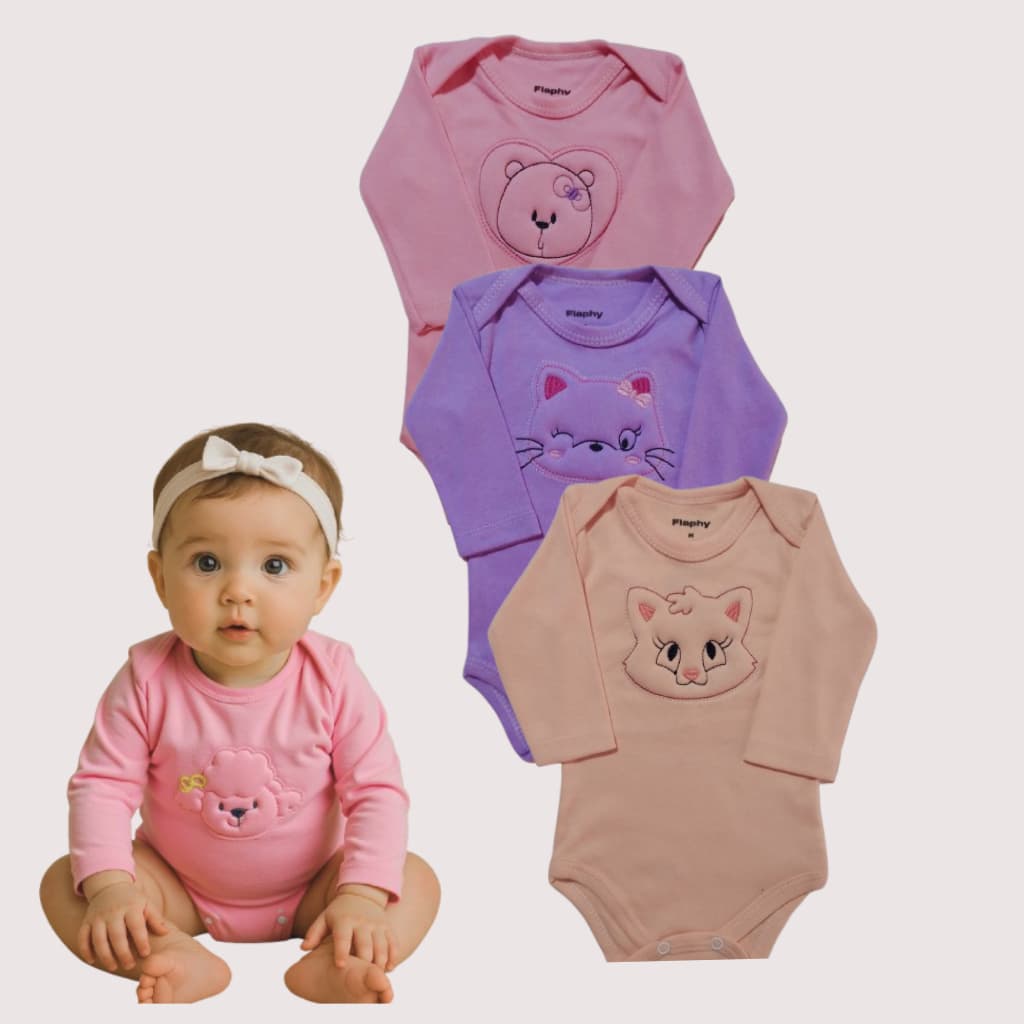 Kit 4 Peças de Bodys bebê bordados - manga longa - Suedine 100% Algodão - Menina - Menino - unissex