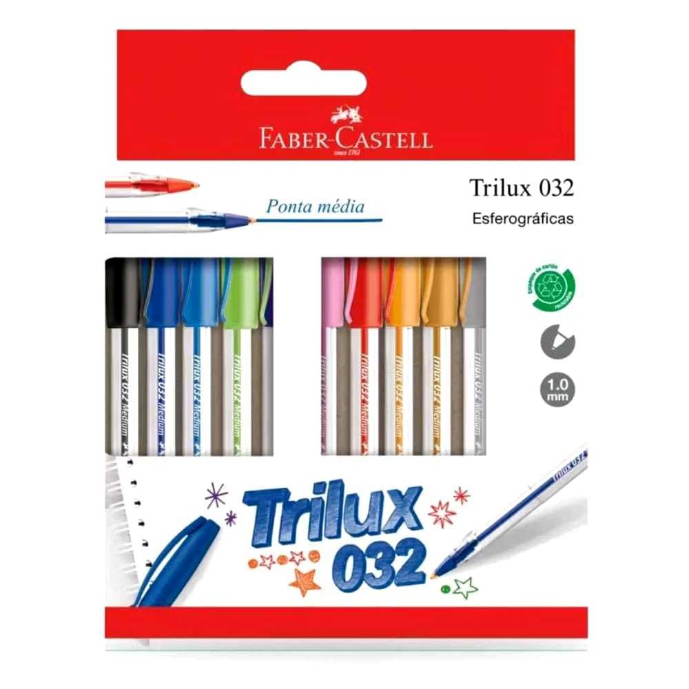 Kit Caneta Esferográfica Trilux 032 1.0mm Faber-Castell 10 Cores ou 3 Cores