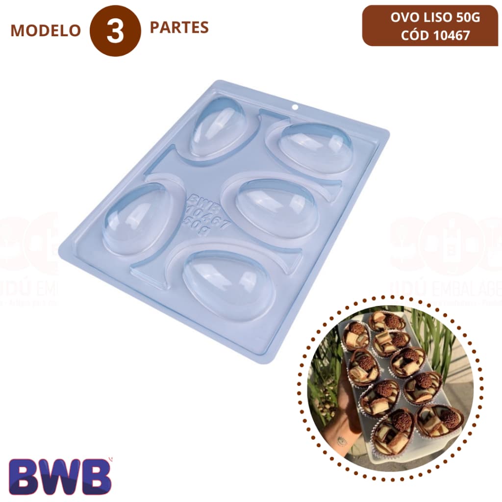 Forma BWB com Silicone (3 partes)  Para Chocolate - Cód. 10467- Ovo Liso 50g. Páscoa