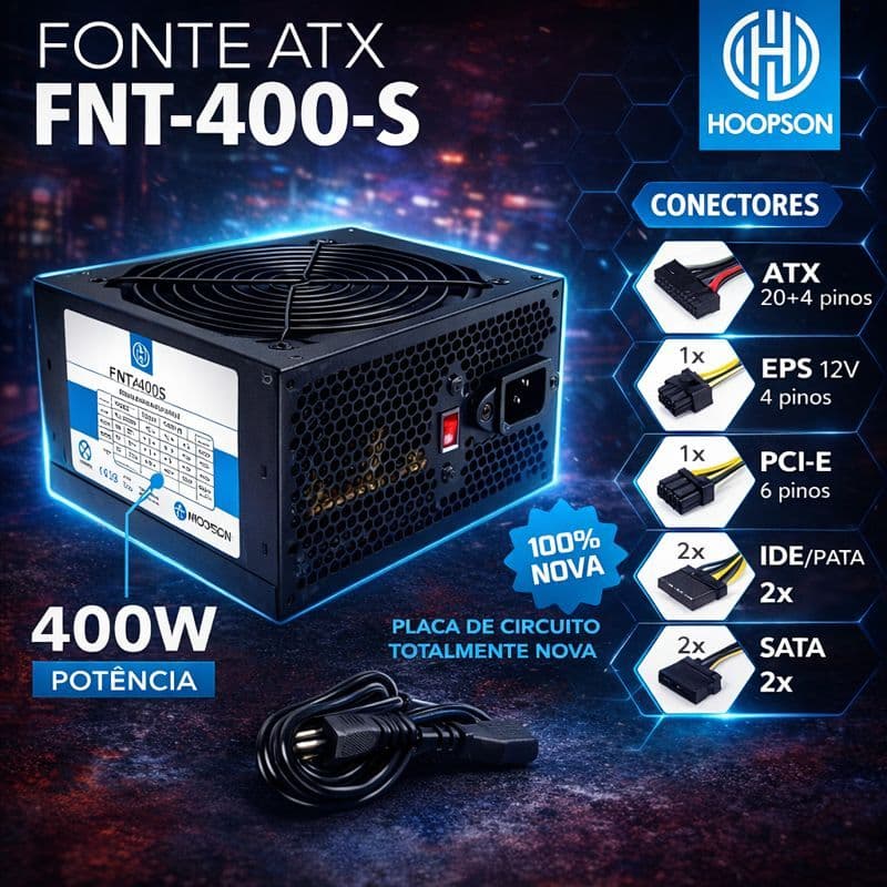 Fonte ATX 400W Real Bivolt Silenciosa para PC Gamer, Escritório e Desktop - Alta Performance
