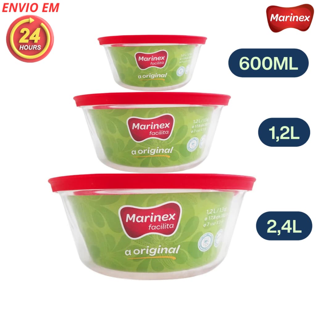 Kit Conjunto 3 Tigela de Vidro Temperado com Tampa de Silicone 2,4L + 1,2L + 600ml Marinex Jogo