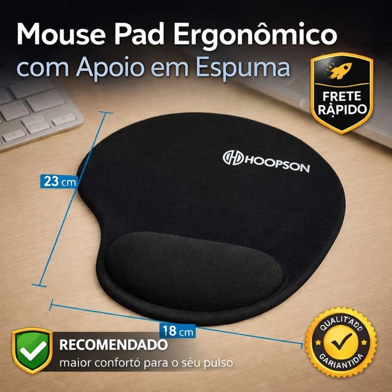 Mouse Pad Ergonômico Preto com Apoio para Pulso em espuma Revestido de Tecido super confortável