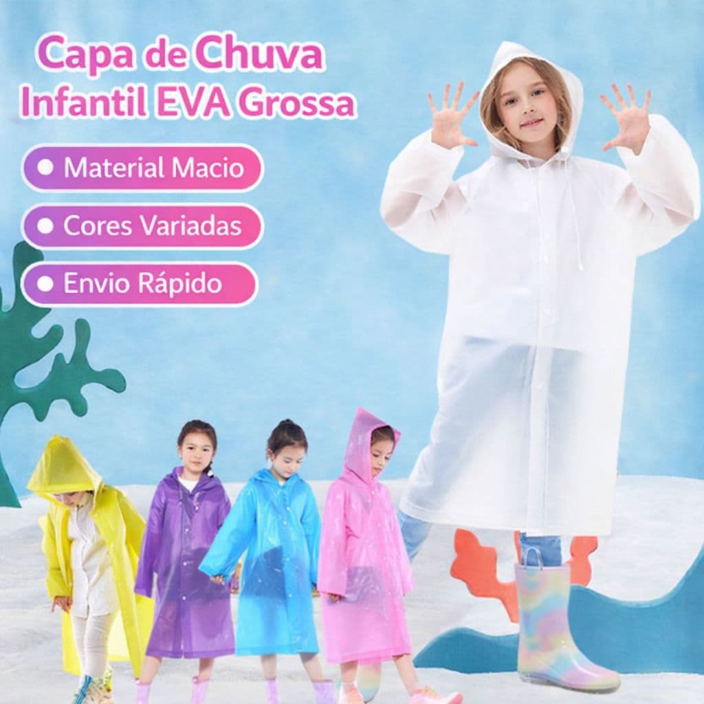 Capa de Chuva Infantil EVA Grossa Reforçada Impermeável Escolar Com Capuz Reutilizável
