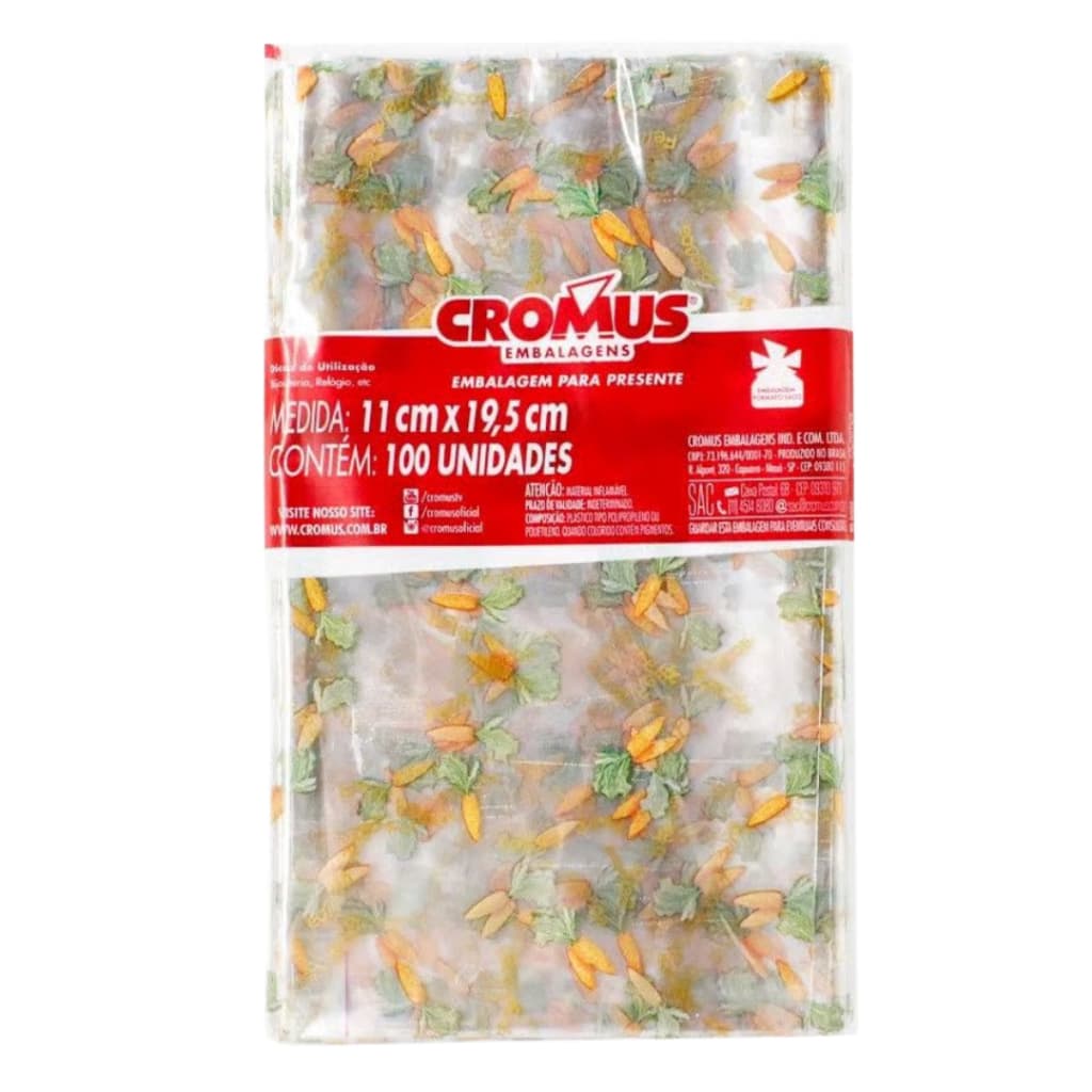 100 un Saquinho Páscoa Cromus 11x19,5 cm Transparente Coelho Chocolate Cenoura Estampas Variadas