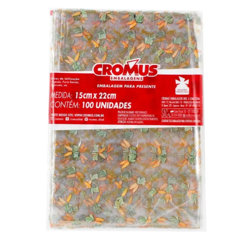 100 un Saquinho Páscoa Cromus 15x22 cm Transparente Coelho Chocolate Cenoura Estampas Variadas