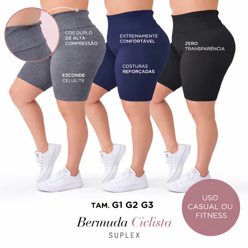 Kit 3 Bermudas Plus Size Feminina Suplex Cintura Alta