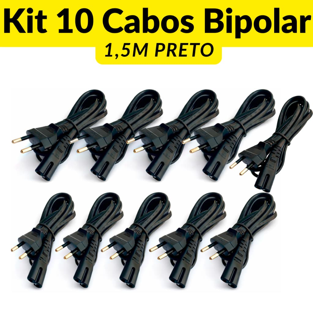 Kit 10 Cabos de Força Energia Bipolar Para TV, Impressora, Radio, PS3, PS4