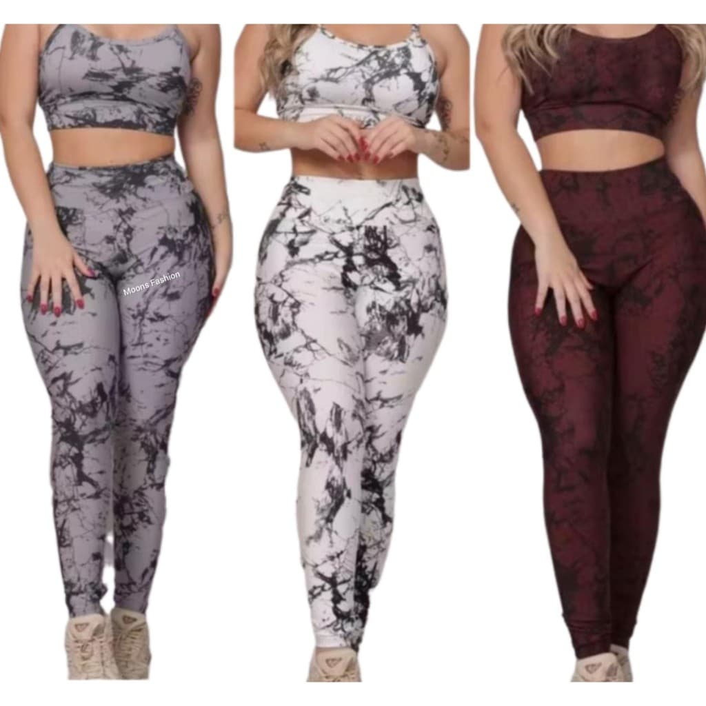 Kit 03 Calça Legging Marmorizada Tie Dye Cintura Alta