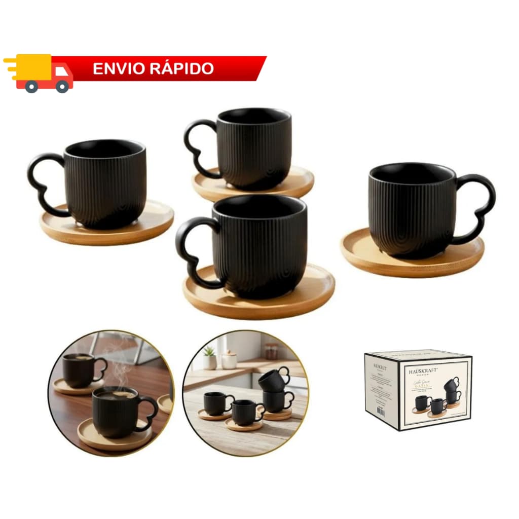 Jogo 4 Xícaras Porcelana Branco ou Preto De Café Chá Com Pires de Bambu Madeira Oásis 90ml