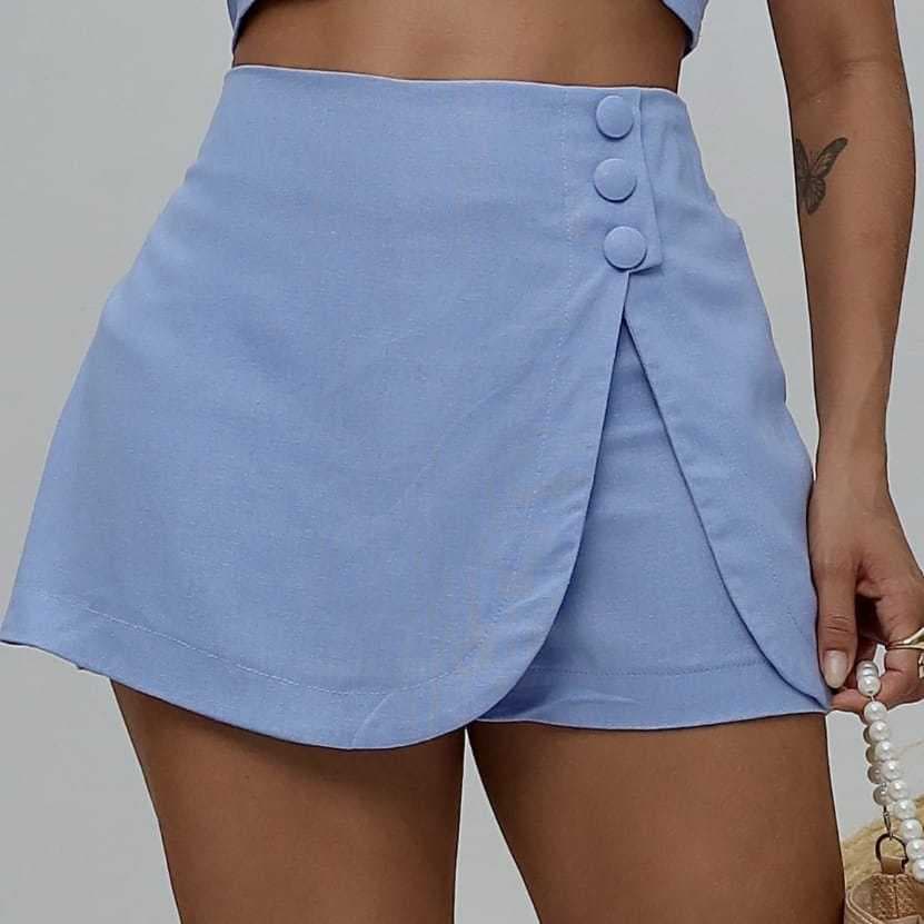 Short Saia Femenino de Linho com BOTÕES
