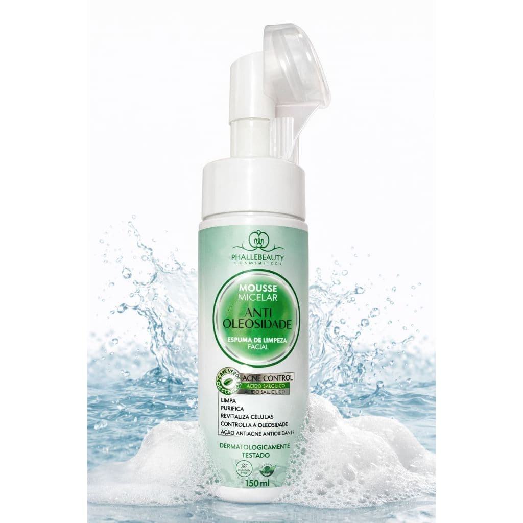 Mousse Micelar Antioleosidade 150ml Phállebeauty | Espuma de Limpeza Facial para Pele Oleosa e Acne