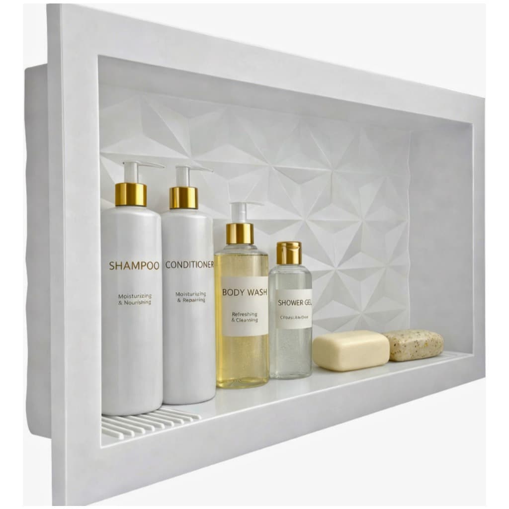 Nicho Para Banheiro Parede Porta Shampoo e Sabonete Embutir 30x60 Fundo 3D Cor Branco