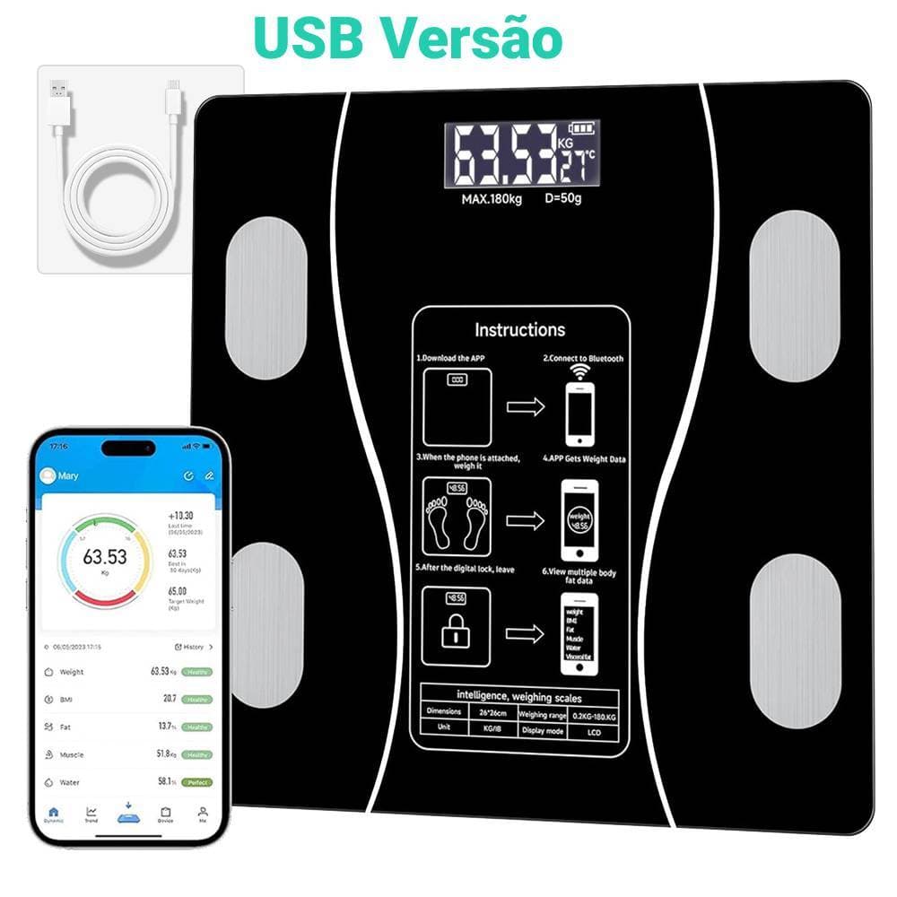 Balança Bioimpedancia Digital Bluetooth Corporal e análise de umidade humana até 180kg