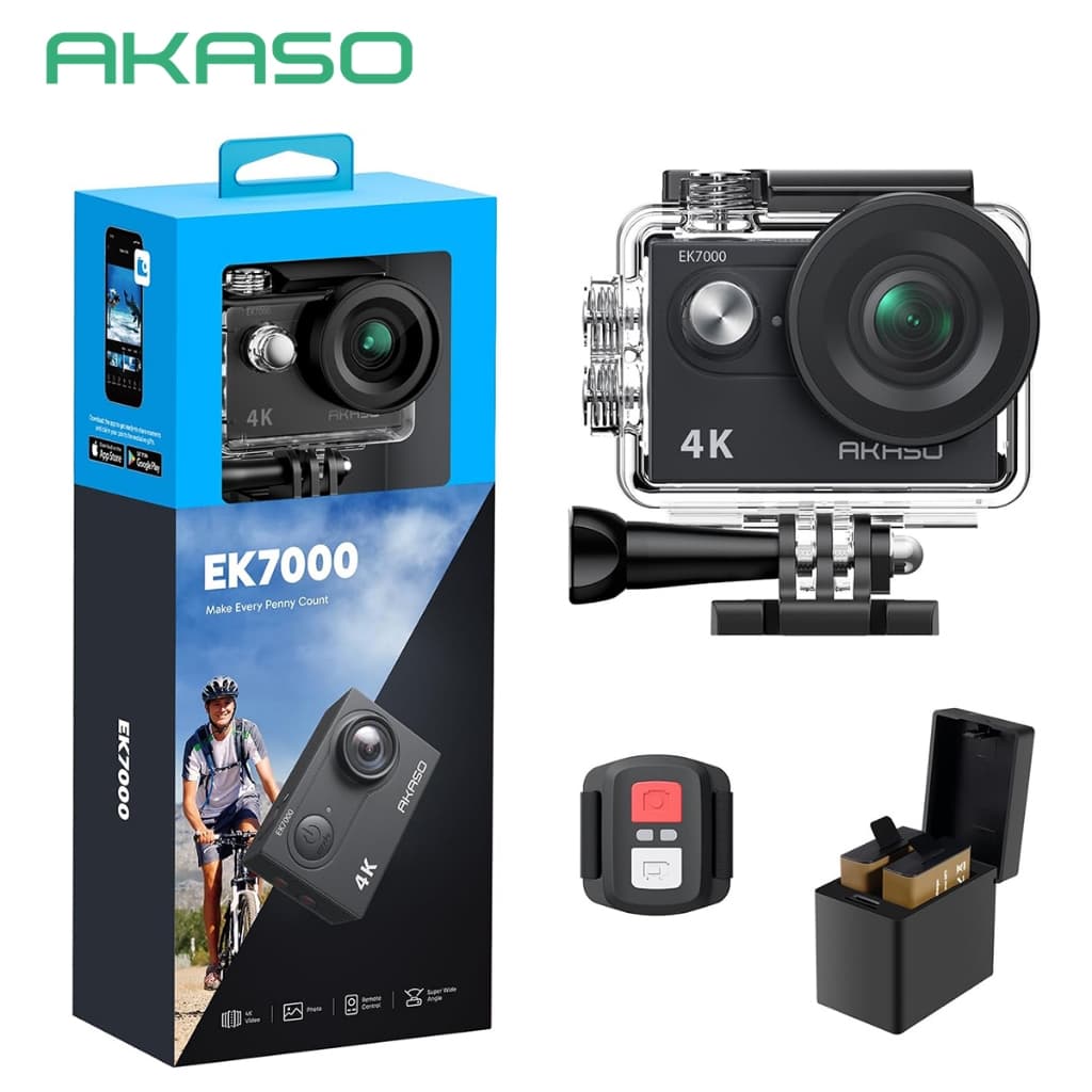 Câmera de Ação AKASO EK7000: 4K, 20MP, Wi-Fi, À Prova d'Água 40m, EIS, Controle Remoto, Zoom 4X, Microfone Externo