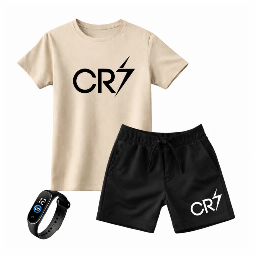 Kit 2 Peças Camiseta e Bermuda Infantil Cr7 Camiseta 100% Algodão + Relógio