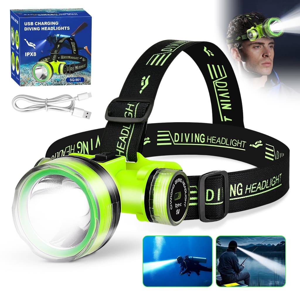 Lanterna de Cabeça 2000 Lumens IPX8 Recarregável Mergulho Longo Alcance 100m
