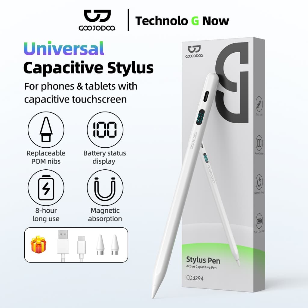 Caneta stylus GOOJODOQ GD16 com indicador LED de bateria testada em celulares Apple, Xiaomi, Huawei e de outras marcas.