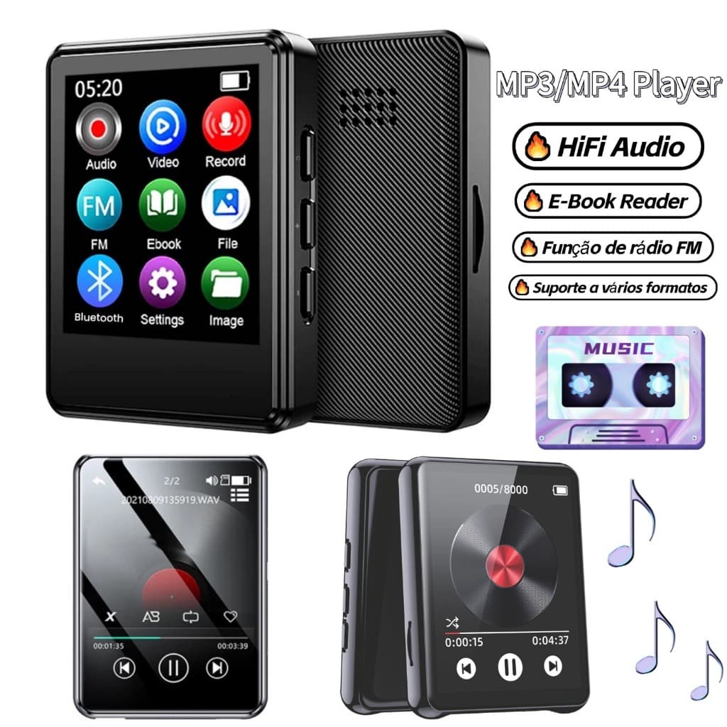 MP3 MP4 Player com Bluetooth HIFI Music Speakers Sport MP4 Media FM Leitor De Rádio Voz Ebook