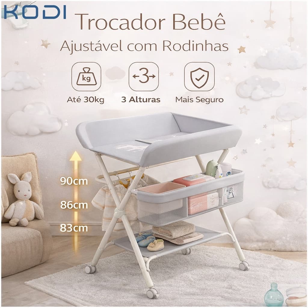 Trocador de Fraldas com Rodas e Altura Ajustável | Estrutura Metálica 30kg P17