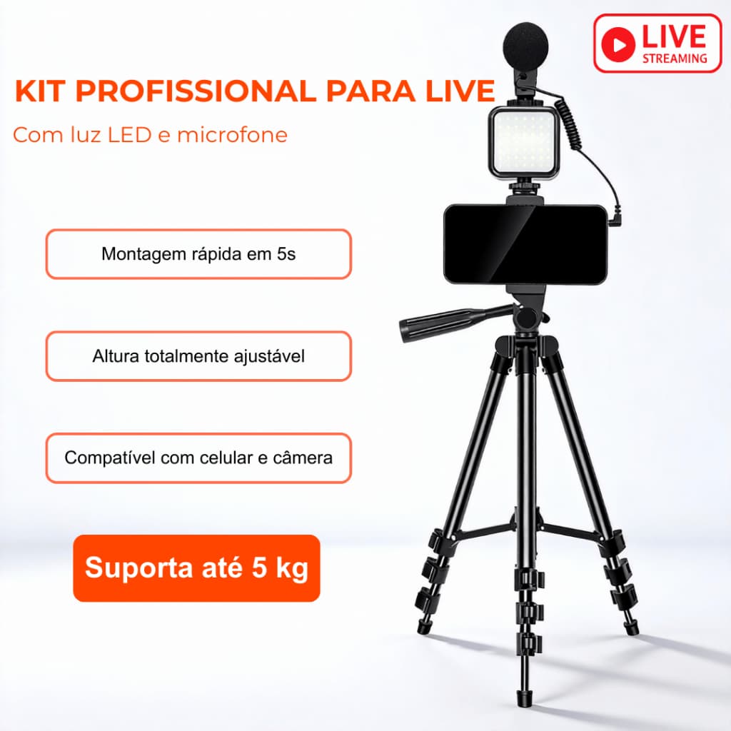 Kit Tripé 1,3 m p/ Celular + Microfone + Luz LED de Bolso + Controle Remoto – Live e Gravação