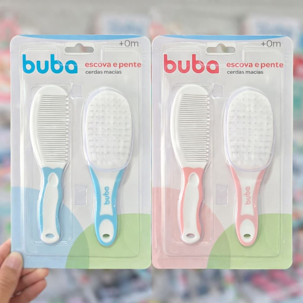Buba Pente e Escova Cerdas Macias Kit para cabelo Bebe Criança Menino Menina Azul e Rosa