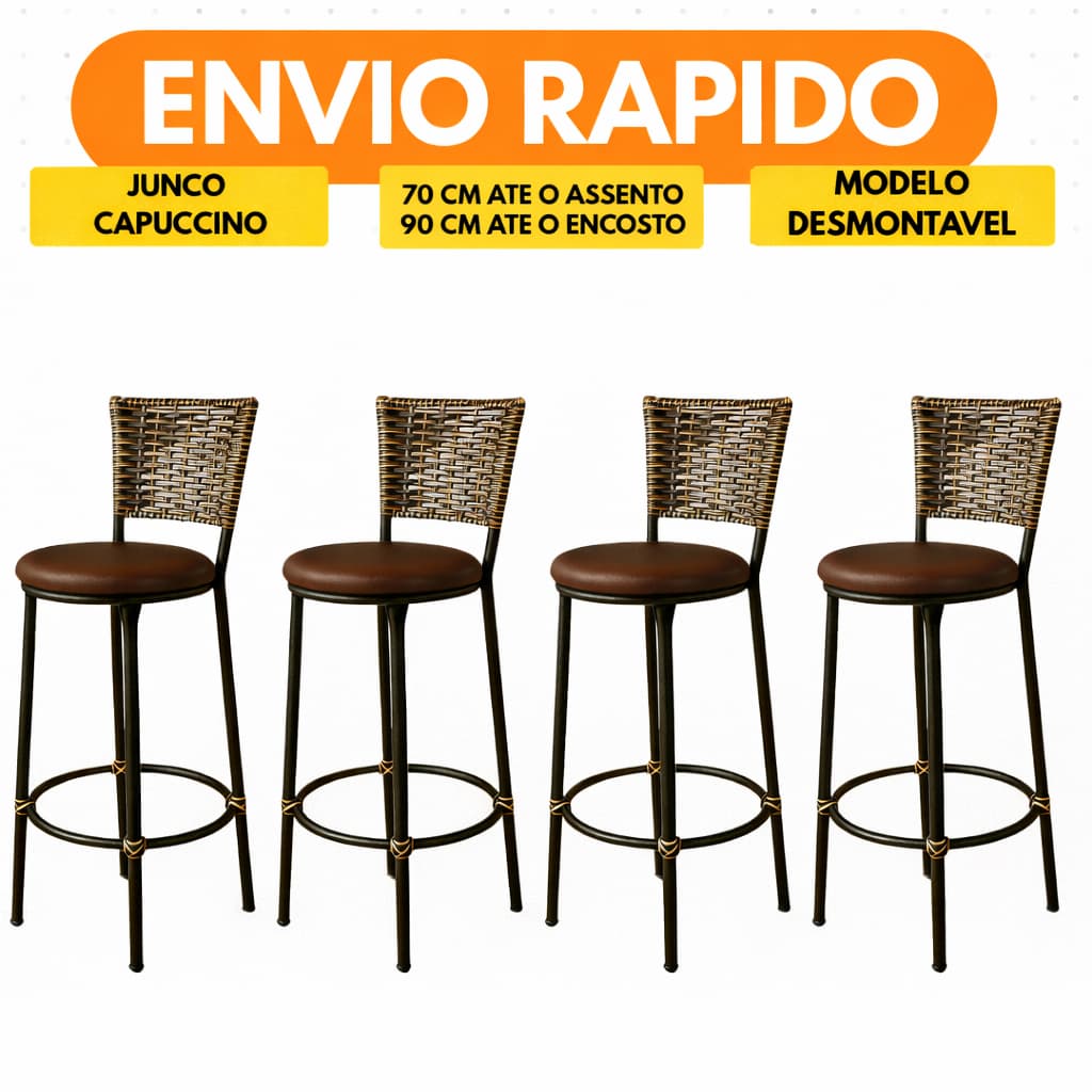 KIT 4 Banco Banqueta Alta JUNCO CAPUCCINO Casa Cozinha Bar Bancada Area Gourmet
