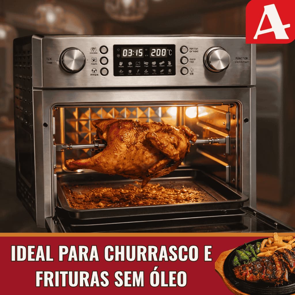 Forno Airfryer 26L Inox Alliere | Espeto Giratório + Cesto Rotativo | Painel Digital 1700W