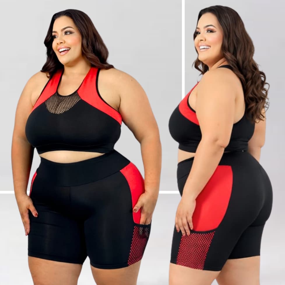 Conjunto Moda Fitness Plus Size Top com Short Feminino Cós Alta Compressão Confortável Academia