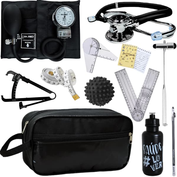 Kit Completo Fisioterapia Goniometro Martelo  Aparelho de Pressão Estetoscópio Duplo Adulto Fita