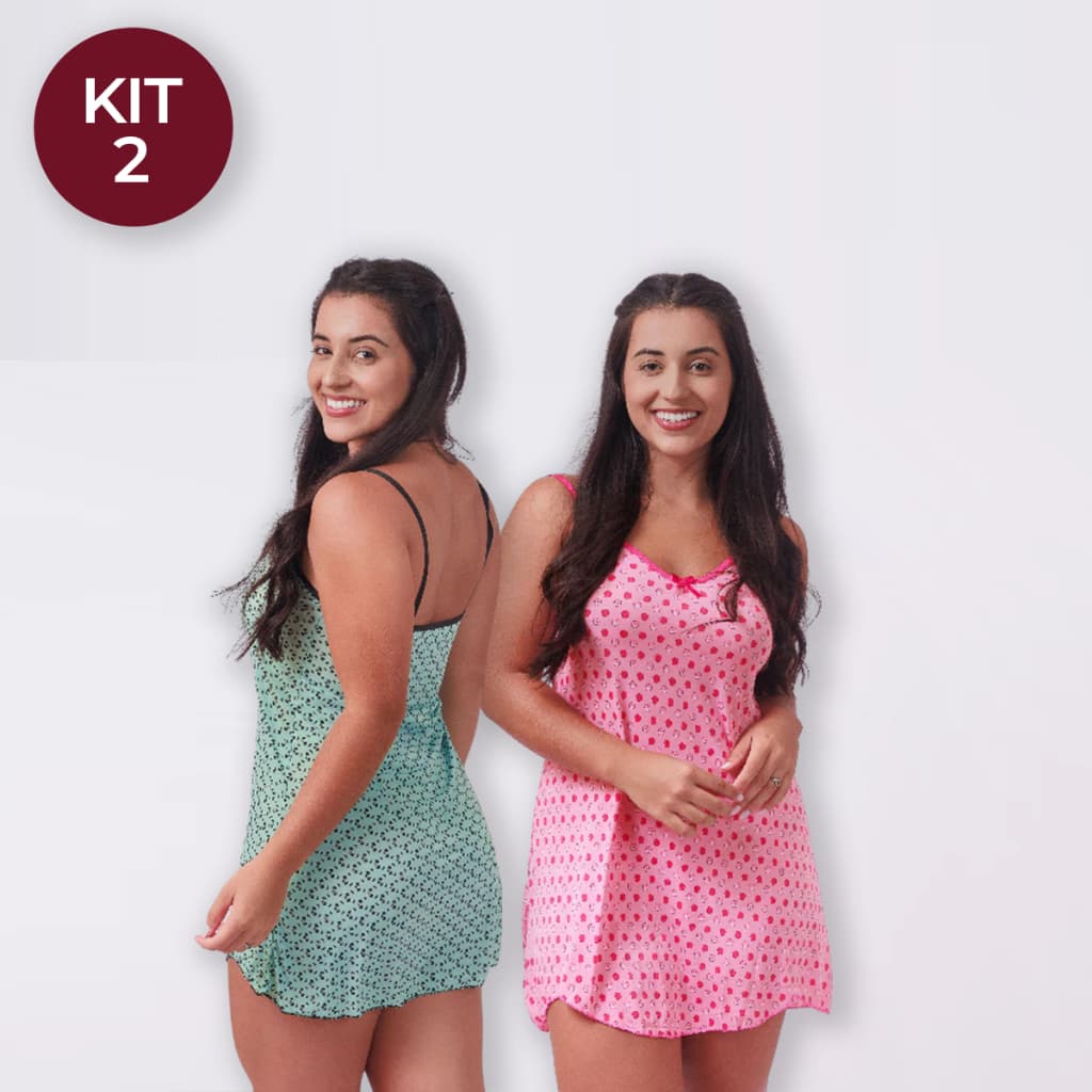 Kit 2 Camisolas Feminina de Poliéster Estampada Adulto Pijama Feminino Camisola Vestido de Dormir