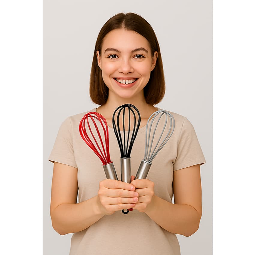 Bate Clara Fouet Inox Silicone 26cm Batedor Ovos Confeitaria Bolos