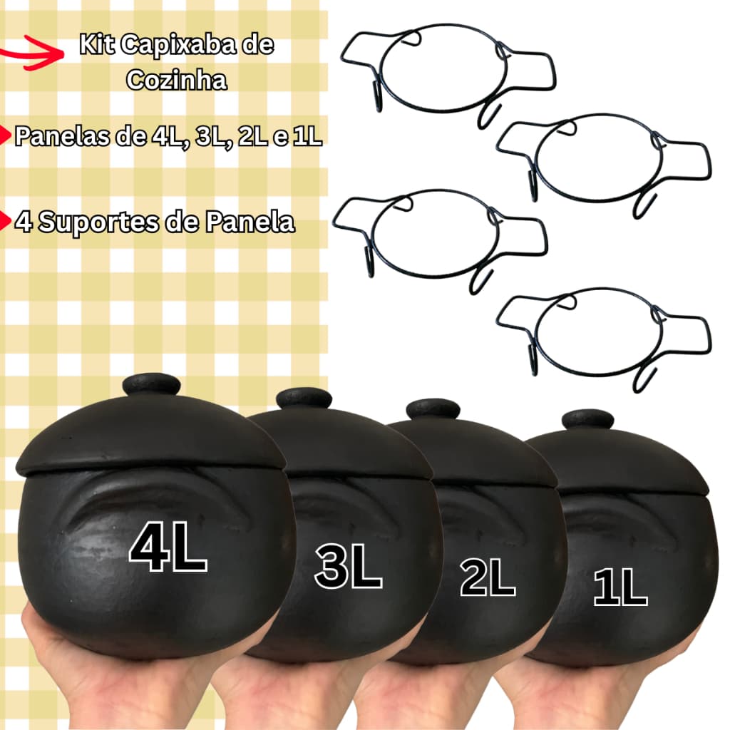 Kit Panela de Barro Capixaba 1L/2L/3L/4L + 4 Suportes - Curado Pronto para Uso