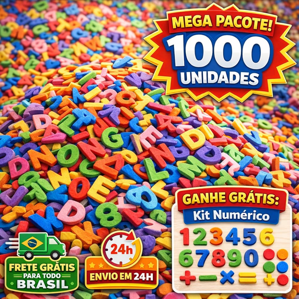Kit 1000 Letras em EVA Coloridas Alfabetização Infantil Brinde Números