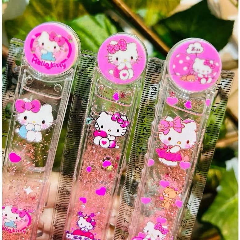 Régua Hello Kitty Dobrável Água Glitter Brilho Transparente 15 ou 30cm Kawaii Papelaria Fofa Escola