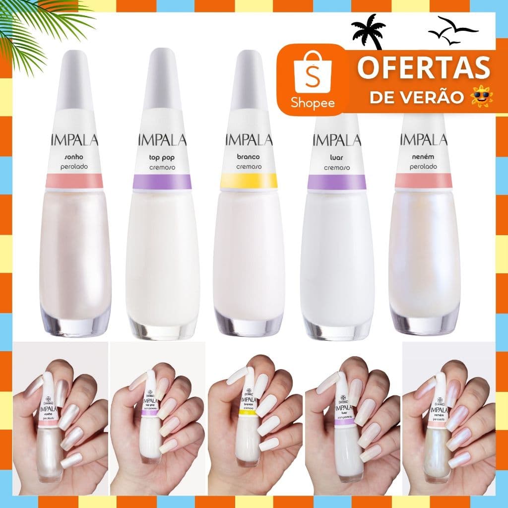 Kit 5 Esmalte Impala Francesinha Branco Clarinho Perolado Cremoso